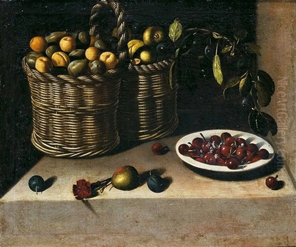 Bodegon Con Cesta De Fruta Y Plato Con Cerezas Oil Painting by Juan Van Der Hamen Y Leon