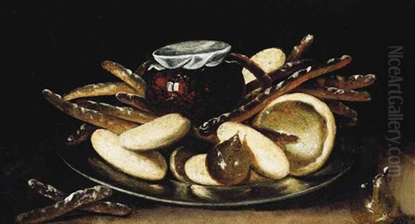 Bread And An Earthenware Jug On A Pewter Plate Oil Painting by Juan Van Der Hamen Y Leon