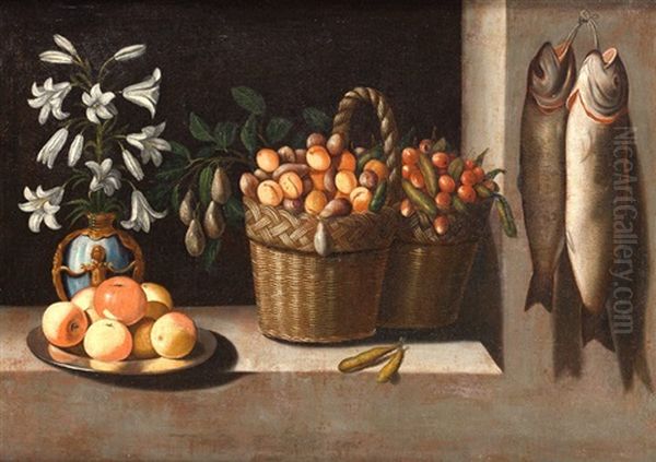 Bodegon: Jarron De Flores, Plato De Manzanas Y Cesta De Frutas En Una Ventana Oil Painting by Juan Van Der Hamen Y Leon