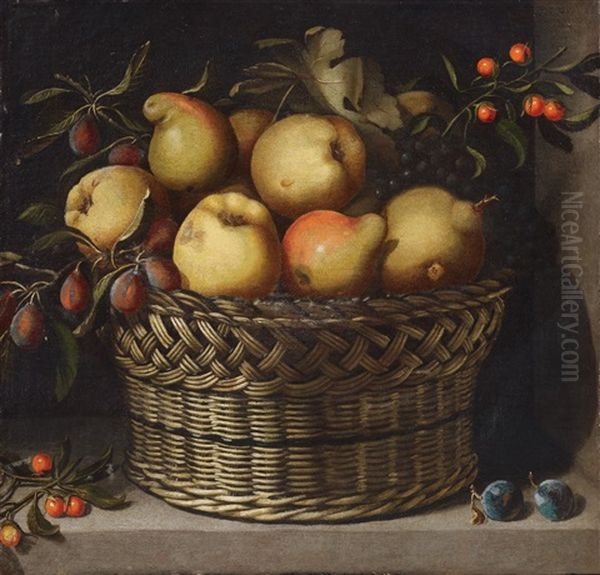 Apples, Quinces, Plums And Cherries In A Basket Oil Painting by Juan Van Der Hamen Y Leon