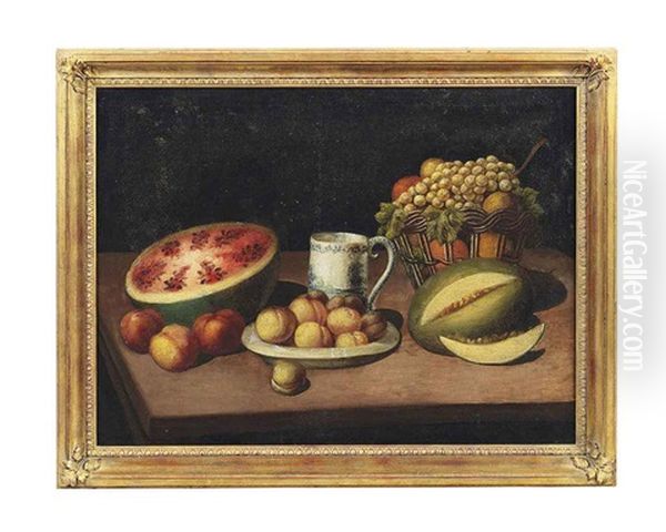 Watermelon, Peaches, Grapes And Other Fruits On A Table Oil Painting by Juan Van Der Hamen Y Leon