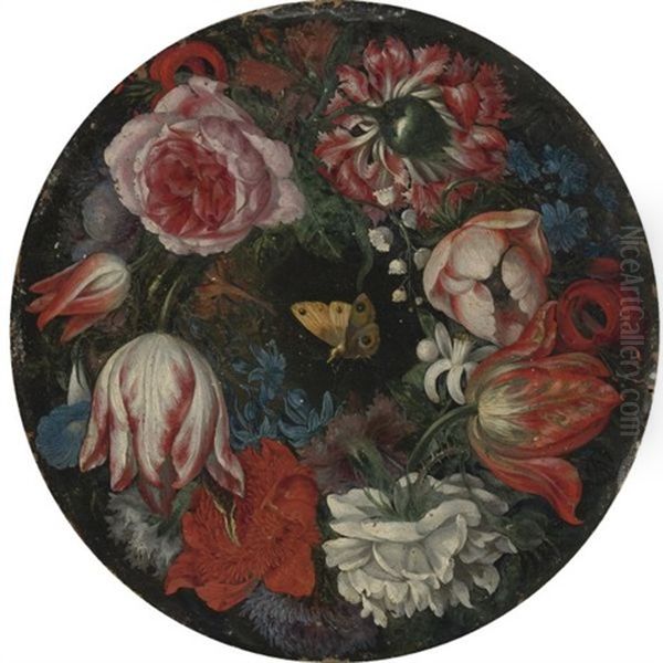 Wreath Of Roses, Carnations, Anemonies, Morning Glories, Hyacinths, Tulips, Lily Of The Valley, And A Butterfly Oil Painting by Juan Van Der Hamen Y Leon