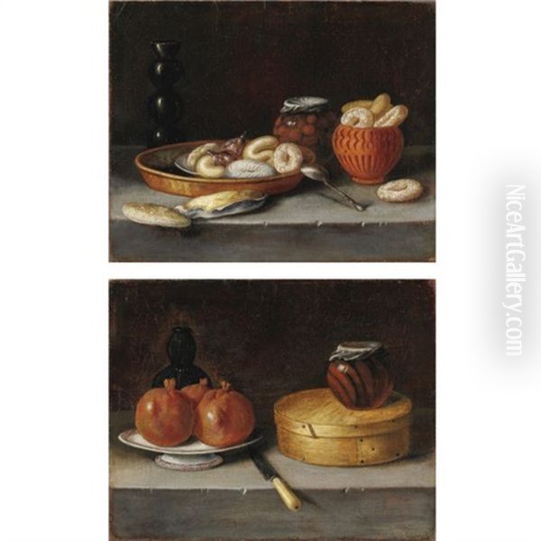 Natura Morta Con Biscotti, Frutta Sciroppata E Un Cucchiaio (+ Natura Morta Con Melograni, Scatola Di Dolci E Un Coltello; Pair) Oil Painting by Juan Van Der Hamen Y Leon