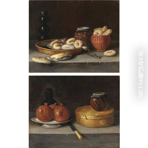 Natura Morta Con Biscotti, Frutta Sciroppata E Un Cucchiaio (+ Natura Morta Con Melograni, Scatola Di Dolci E Un Coltello; Pair) Oil Painting by Juan Van Der Hamen Y Leon