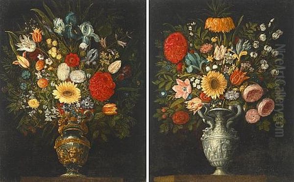 A Still Life Of Roses, Tulips, Lilies, Irises And Other Flowers In A Silver Urn (+ A Still Life Of Roses, Irises, Tulips And Other Flowers In A Bronze And Gilt Urn; Pair) Oil Painting by Juan Van Der Hamen Y Leon