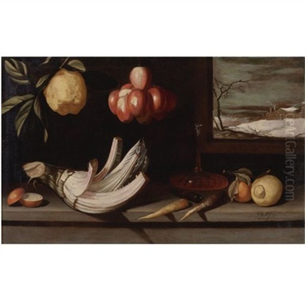 Still Life With Cardoon, Decanter Of Wine, Apples And Other Fruit, A Winter Landscape Beyond Oil Painting by Juan Van Der Hamen Y Leon