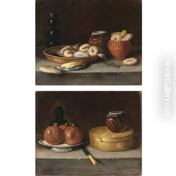 Natura Morta Con Biscotti, Frutta Sciroppata E Un Cucchiaio (+ Natura Morta Con Melograni, Scatola Di Dolci E Un Coltello; Pair) Oil Painting by Juan Van Der Hamen Y Leon