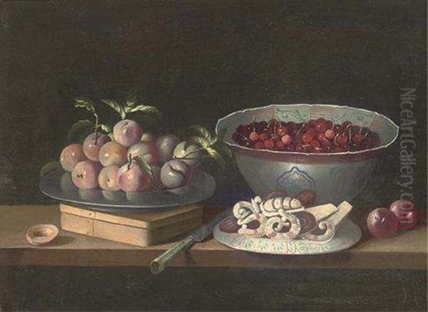 Peaches On A Pewter Plate, Cherries In A Porcelain Bowl With A Dish Of Sweets, A Knife And A Box On A Wooden Ledge Oil Painting by Juan Van Der Hamen Y Leon