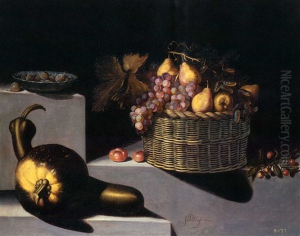 Bodegon Con Cuenco De Ceramica China Azul Y Blanca Con Ciruelas, Calabazas, Tomates, Cesto De Uvas Y Peras, Una Rama Con Frutos Rojos.todo Sobre Repisa De Piedra En Tres Alturas Oil Painting by Juan Van Der Hamen Y Leon