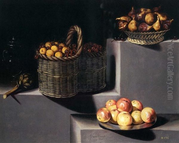 Bodegon Con Un Jarro De Cristal, Alcachofa, Un Cesto De Cerezas Y Albaricoques, Un Cesto Con Higos Y Un Plato De Plata Con Manzanas. Todo Sobre Repisa De Piedra En Tres Alturas Oil Painting by Juan Van Der Hamen Y Leon