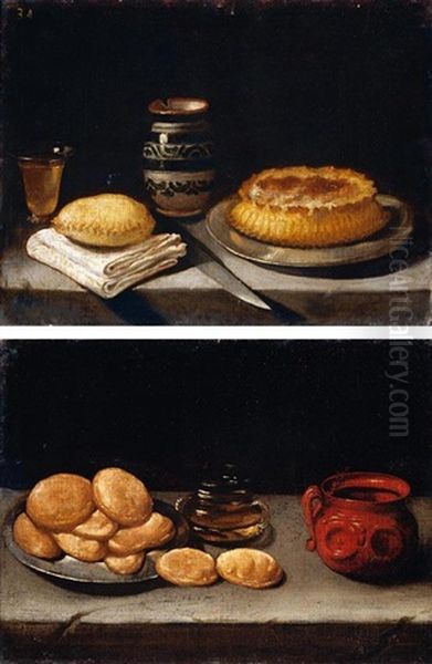 Still Life Of Bread On A Pewter Dish, With A Glass And An Earthenware Pot, Arranged Upon A Stone Ledge (+ Still Life Of A Pie, A Glass Of Wine, A Vase, A Knife And Bread On A Stone Ledge; Pair) Oil Painting by Juan Van Der Hamen Y Leon