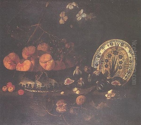 Coupe De Peches, Figues Et Assiette En Ceramique Sur Un Entablement Oil Painting by Juan Van Der Hamen Y Leon