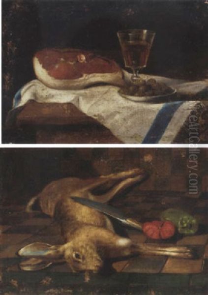 A Piece Of Meat, A Glass Of Wine And A Plate Of Olives On A Party Draped Table Oil Painting by Juan Van Der Hamen Y Leon