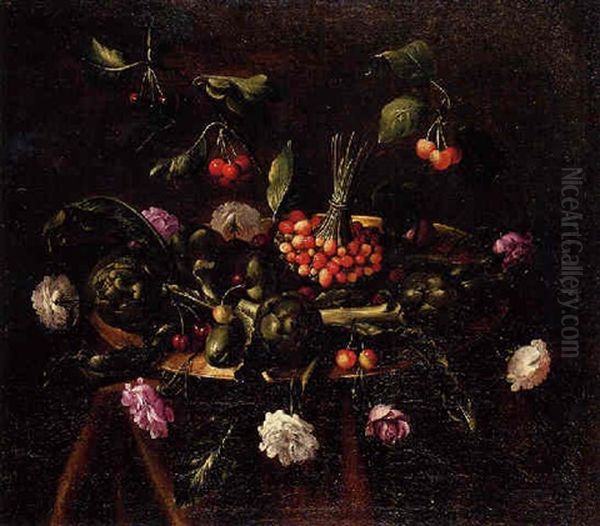 Nature Morte Aux Artichauts, Fraises, Cerises Et Roses Sur Un Entablement Oil Painting by Juan Van Der Hamen Y Leon