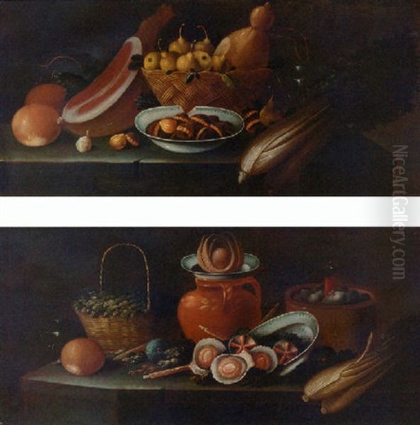 A Basket Of Pears With A Ham, Celery, A Glass And A Dish Of Nuts On A Ledger Oil Painting by Juan Van Der Hamen Y Leon