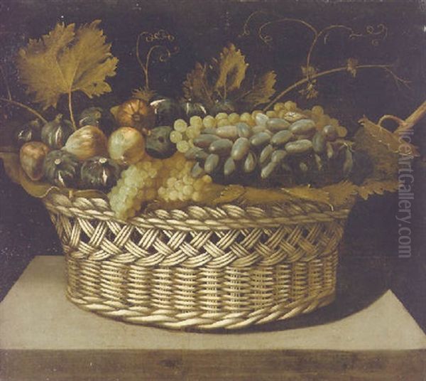 Figs And Grapes In A Basket On A Stone Plinth Oil Painting by Juan Van Der Hamen Y Leon