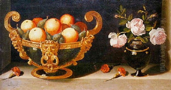 Oranges And Plums In A Two-handled Bowl, A Vase Of Roses And Carnations In A Stone Niche Oil Painting by Juan Van Der Hamen Y Leon