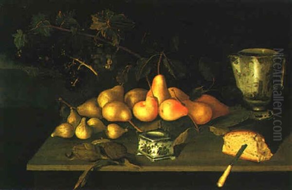 Still Life Of Pears And Other Fruits, Bread, Knife, A Porcelain Jug And Salt Cellar Oil Painting by Juan Van Der Hamen Y Leon