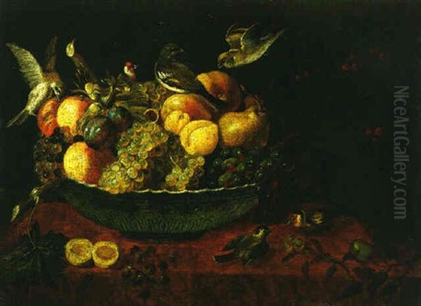 Still Life Of A Bowl Of Fruit And Birds On A Red Draped Table Oil Painting by Juan Van Der Hamen Y Leon