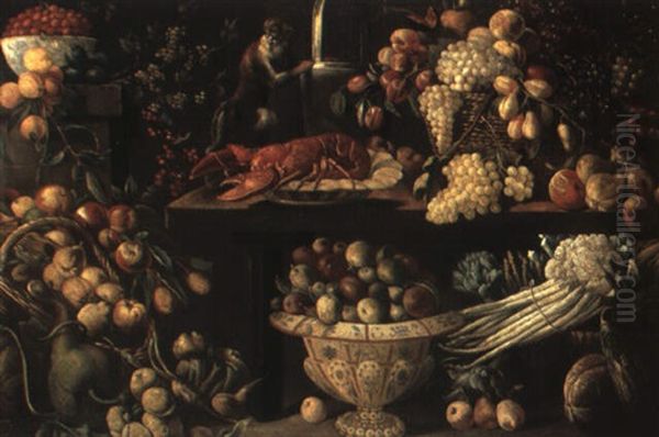 Still Life Of A Lobster, Fruit, Vegetables And A Monkey Around A Table Oil Painting by Juan Van Der Hamen Y Leon