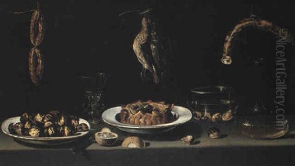 Figs And A Pie In Bowls With A Wineglass, Sausages And Hanging Dead Birds Oil Painting by Juan Van Der Hamen Y Leon