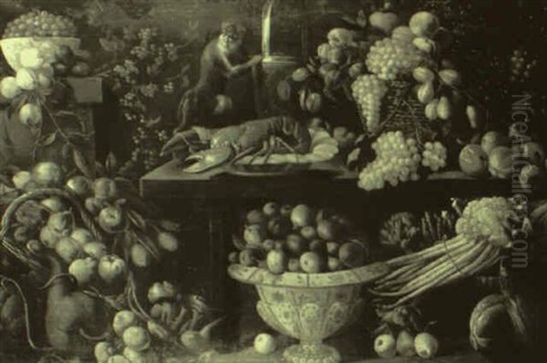 Nature Morte De Fruits, Homards Et Singe Oil Painting by Juan Van Der Hamen Y Leon