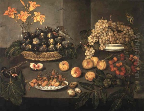 Lilies In A Glass Vase, Figs, Grapes, Plums And Other Fruit On A Stone Ledge by Juan Van Der Hamen Y Leon