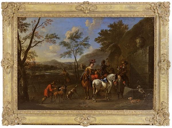 Hunting Party At A Watering Fountain Oil Painting by Franciscus Hamers