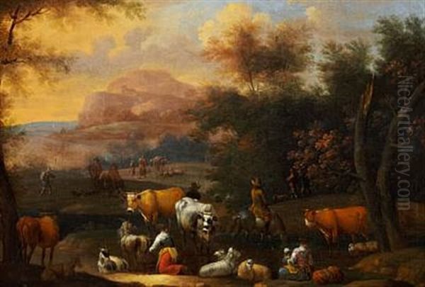 Pastoral Scene With A Man On Horseback, Herdsmen And Their Cattle Oil Painting by Franciscus Hamers