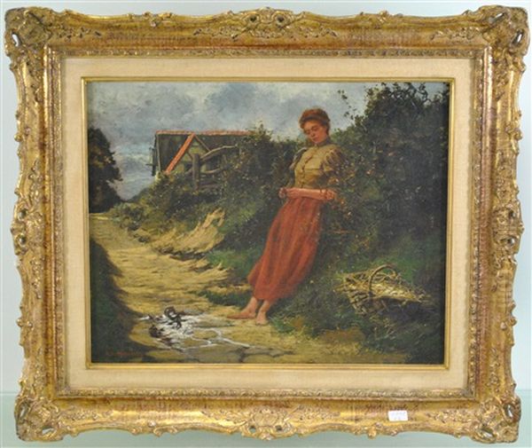 Jeune Femme Sur Un Sentier Oil Painting by Adolphe Hamesse