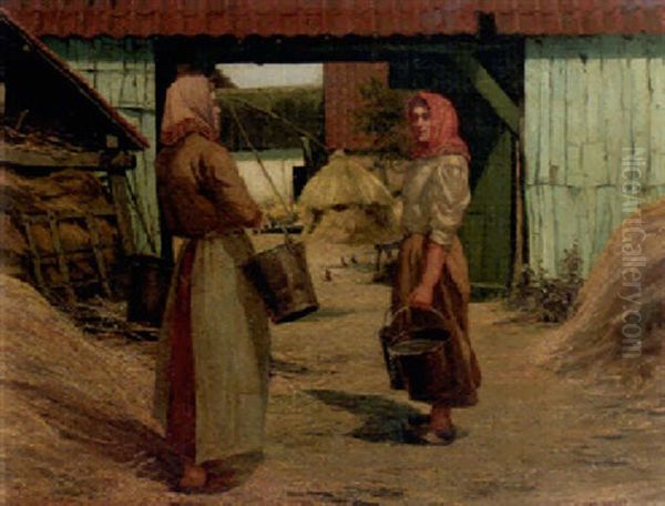 Peasantwomen Conversing In A Farmyard Oil Painting by Adolphe Hamesse