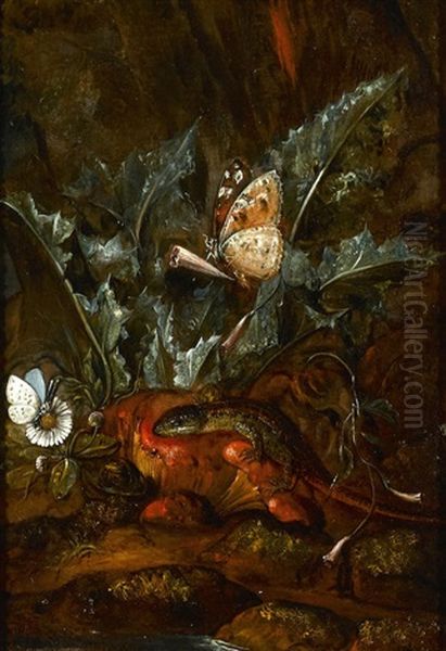 A Forest Floor With Snake, Butterfly And Lizard; Also A Companion Painting By The Same Hand Oil Painting by Carl Wilhelm de Hamilton