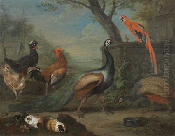 Peacocks, A Parrot, Hens And Guinea Pigs Before A Landscape Oil Painting by Carl Wilhelm de Hamilton