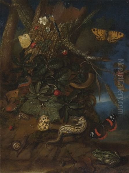 Forest Floor Still Life With Lizards, Butterflies, A Toad, A Snail, A Snake, A Dragonfly, A Beetle, An Ant, A Worm And A Ladybug Oil Painting by Carl Wilhelm de Hamilton