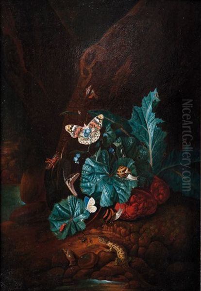 Forest Floor With A Snake, A Lizard, A Snail And Insects Oil Painting by Carl Wilhelm de Hamilton