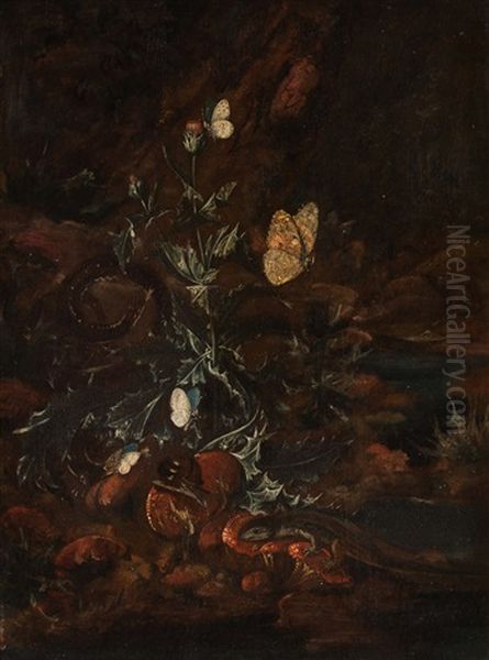 Stillleben Mit Eidechsen, Schlangen, Schmetterlingen Und Schnecken (+ Another; Pair) Oil Painting by Carl Wilhelm de Hamilton