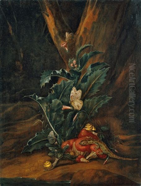 Sous-bois-stilleben. Unter Einem Baumstumpf Eine Distel, Pilze, Schnecken Und Eine Eidechse Oil Painting by Carl Wilhelm de Hamilton