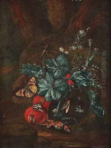 Stillebenarrangement Um Eine Distelpflanze Mit Reptilien, Schnecken Und Insekten Oil Painting by Carl Wilhelm de Hamilton