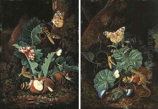 Forest Floor Still Life With Lizards, Snakes, Painted Lady Butterflies, A Red Tiger Moth, Snails, Thistle And Convolvulus Oil Painting by Carl Wilhelm de Hamilton