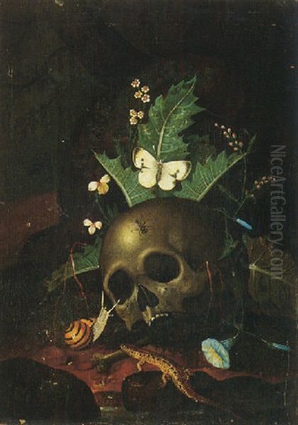 A Forest Floor Still Life With A Skull, Butterfly, Snail And Lizard, Together With Convulvuli And Other Wild Flowers Oil Painting by Carl Wilhelm de Hamilton