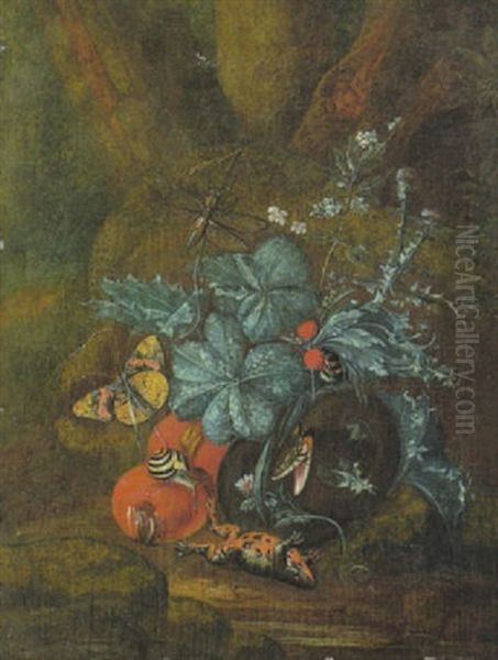 Waldboden Mit Insekten, Schnecken, Frosch Und Schlange Bei Einer Distelstaude Und Waldbeeren Oil Painting by Carl Wilhelm de Hamilton