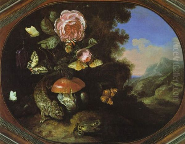 Waldgrund Mit Ausblick In Eine Gebirgslandschaft Mit Rosen, Pilzen, Einer Eidechse, Frosch Und Schmetterling Oil Painting by Carl Wilhelm de Hamilton