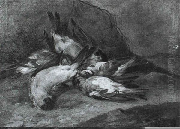 A Still Life Of Dead Song Birds, Including A Bullfinch, A   Robin And A Blue Tit, In A Landscape by Carl Wilhelm de Hamilton