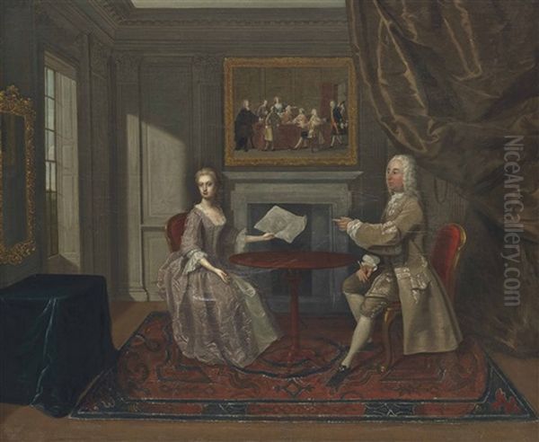 A Double Portrait Of Matthew Robinson (1694-1770) And His Wife, Elizabeth Drake (d.1745), Full-length, Seated At A Table In An Interior Oil Painting by Gawen Hamilton