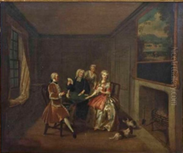 A Game Of Cards, In An Early Georgian Interior, With A Maid-servant Pouring A Glass Of Wine, A Cat And Dog By The Fire Oil Painting by Gawen Hamilton