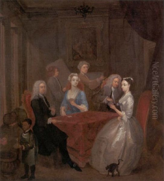 Elegant Figures Playing At A Table In An Interior, With An Artist Behind The Group Oil Painting by Gawen Hamilton