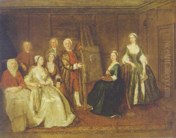 An Artist And His Family In An Interior Oil Painting by Gawen Hamilton