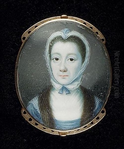 A Lady Wearing Blue Dress, White Fichu, Lace Shoulder Caps, Fur Stole And White Bonnet Tied Under Her Chin With A Blue Ribbon Oil Painting by Gustavus Hamilton