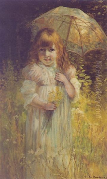 Little Girl With Parasol (one Of The Artist's Daughters) Oil Painting by Hamilton Hamilton