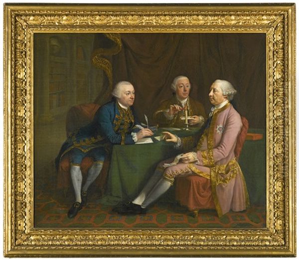 Portrait Of George Montagu Dunk, 2nd Earl Of Halifax (1716-1771), With His Two Secretaries, Edward Sedgwick And Lovell Stanhope Oil Painting by Hugh Douglas Hamilton